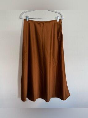 Antonio Melani Gold Brown Satin Midi Skirt Size 8 A Line Side Zip